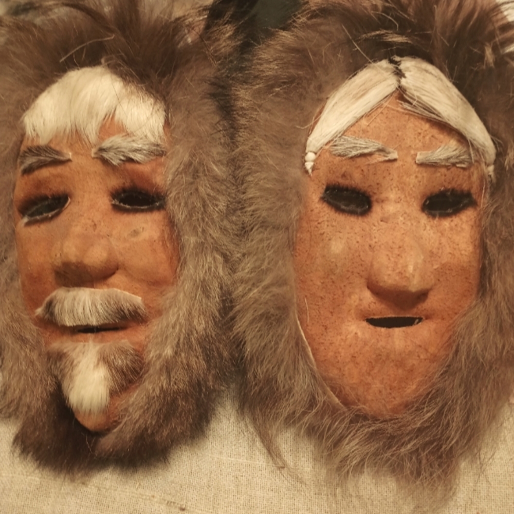 Vintage Alaskan Inuit Husband and Wife Artisan Hide & Fur Face Masks Wal…